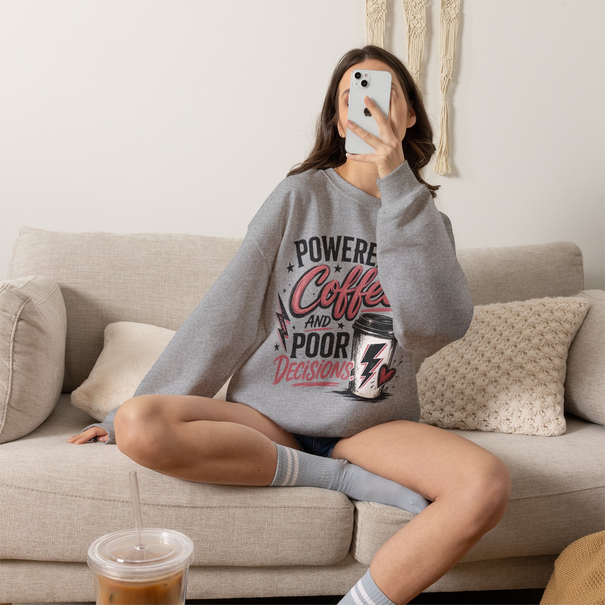 Sweatshirt — "Powered by Coffee and Poor Decisions" Graphic Crewneck
