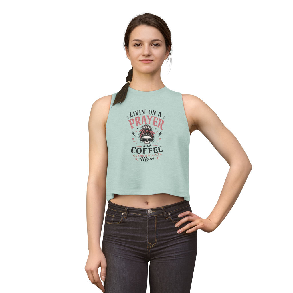 Crop Top — "Livin' on a Prayer and Coffee" Oversimulated Mom Graphic