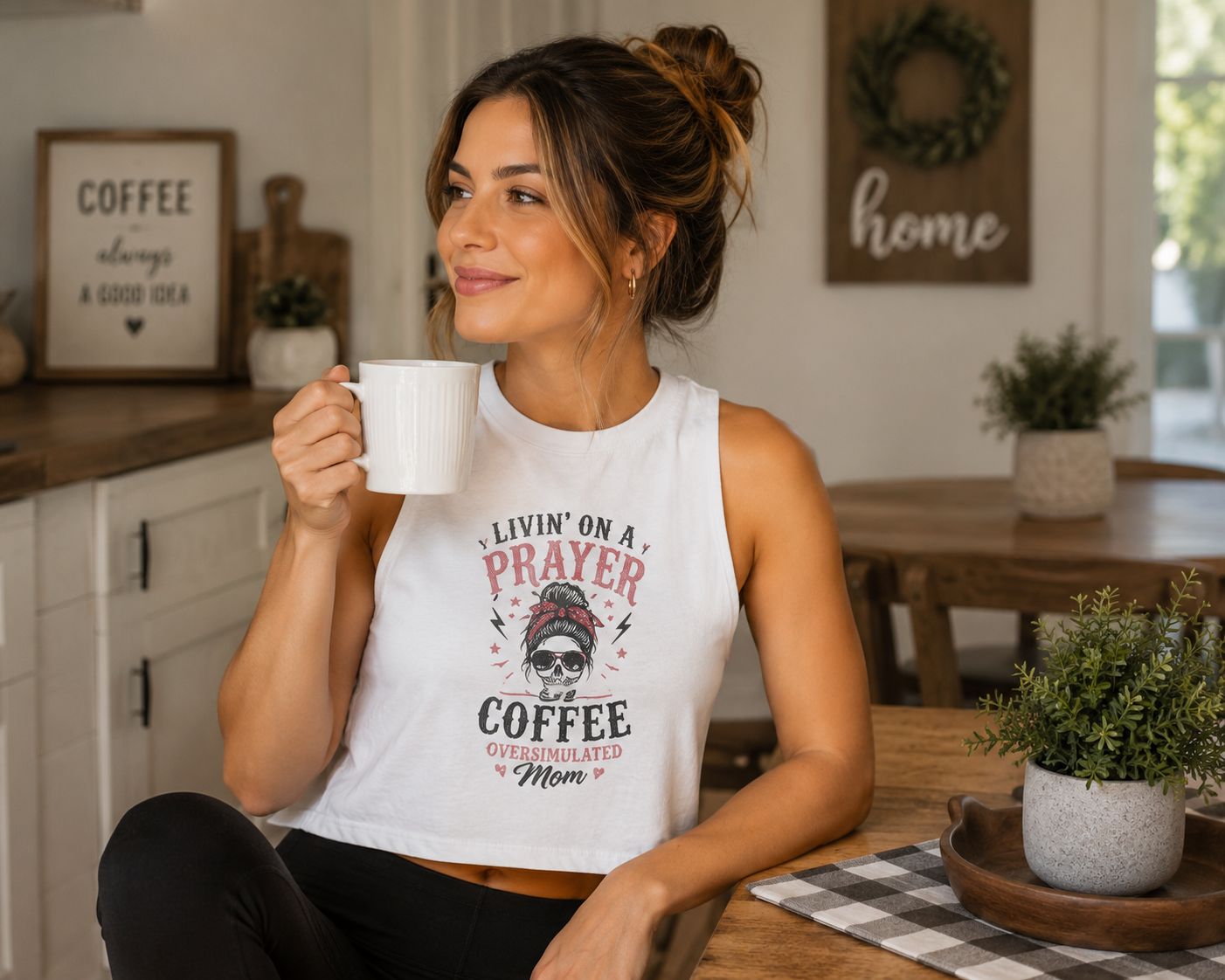 Crop Top — "Livin' on a Prayer and Coffee" Oversimulated Mom Graphic