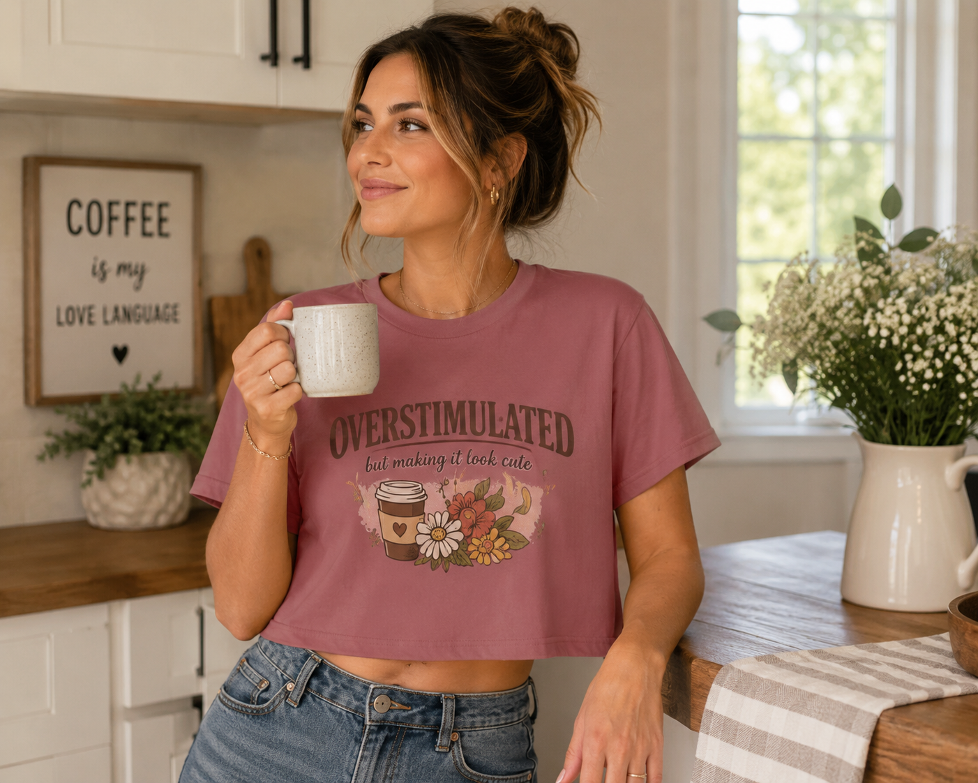 Crop Top — "Overstimulated but making it look cute" Graphic Floral Coffee Festival Tee