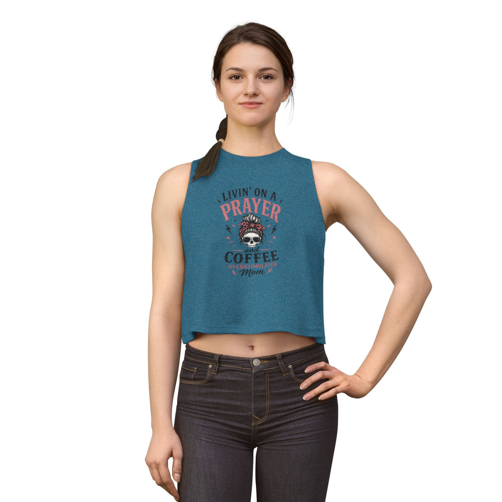 Crop Top — "Livin' on a Prayer and Coffee" Oversimulated Mom Graphic