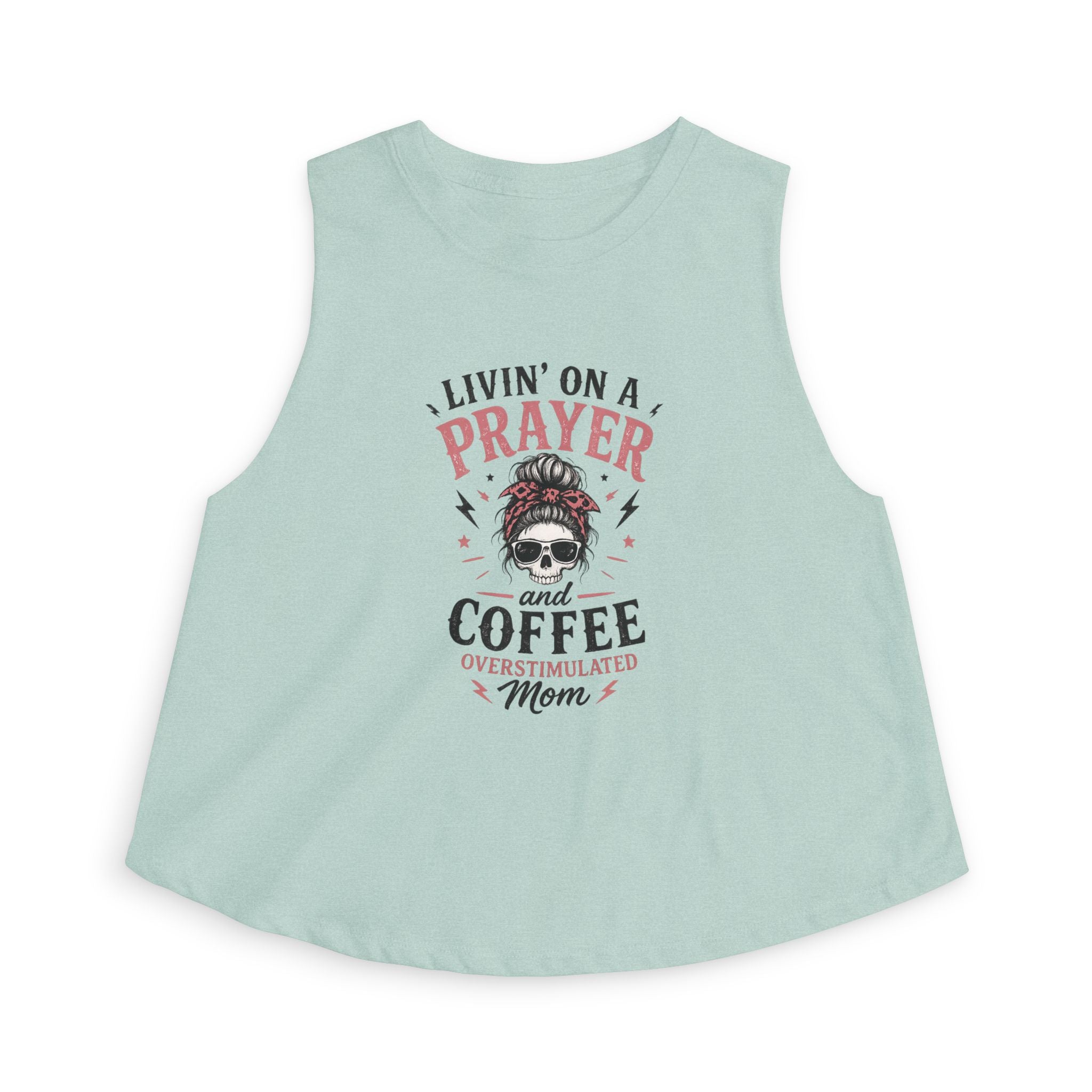 Crop Top — "Livin' on a Prayer and Coffee" Oversimulated Mom Graphic