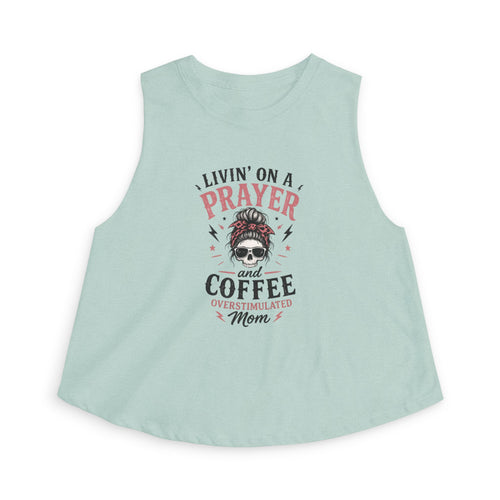 Crop Top — "Livin' on a Prayer and Coffee" Oversimulated Mom Graphic