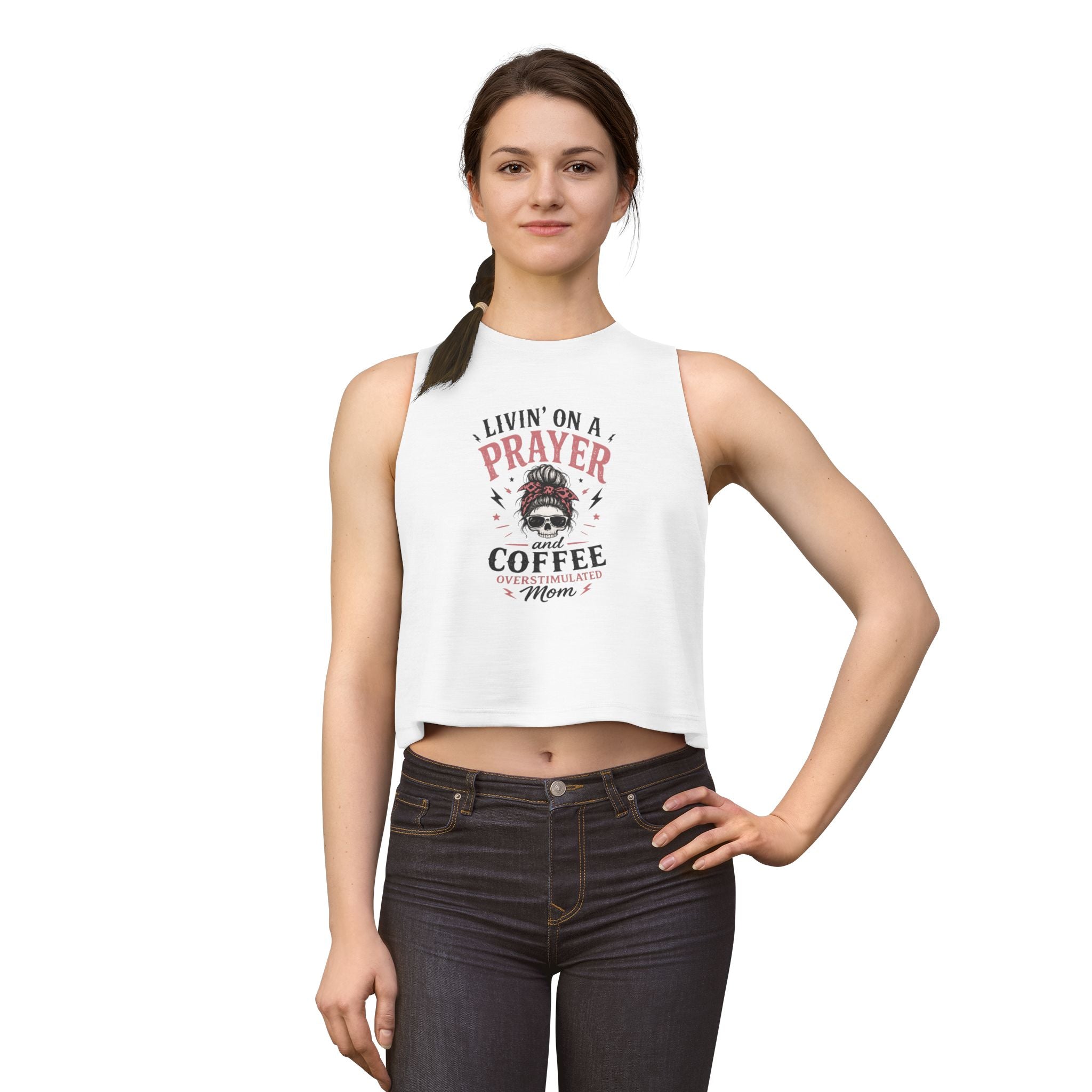 Crop Top — "Livin' on a Prayer and Coffee" Oversimulated Mom Graphic
