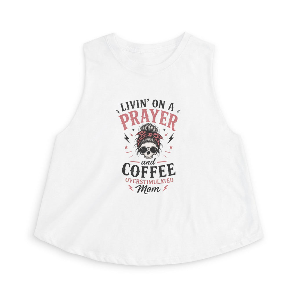Crop Top — "Livin' on a Prayer and Coffee" Oversimulated Mom Graphic