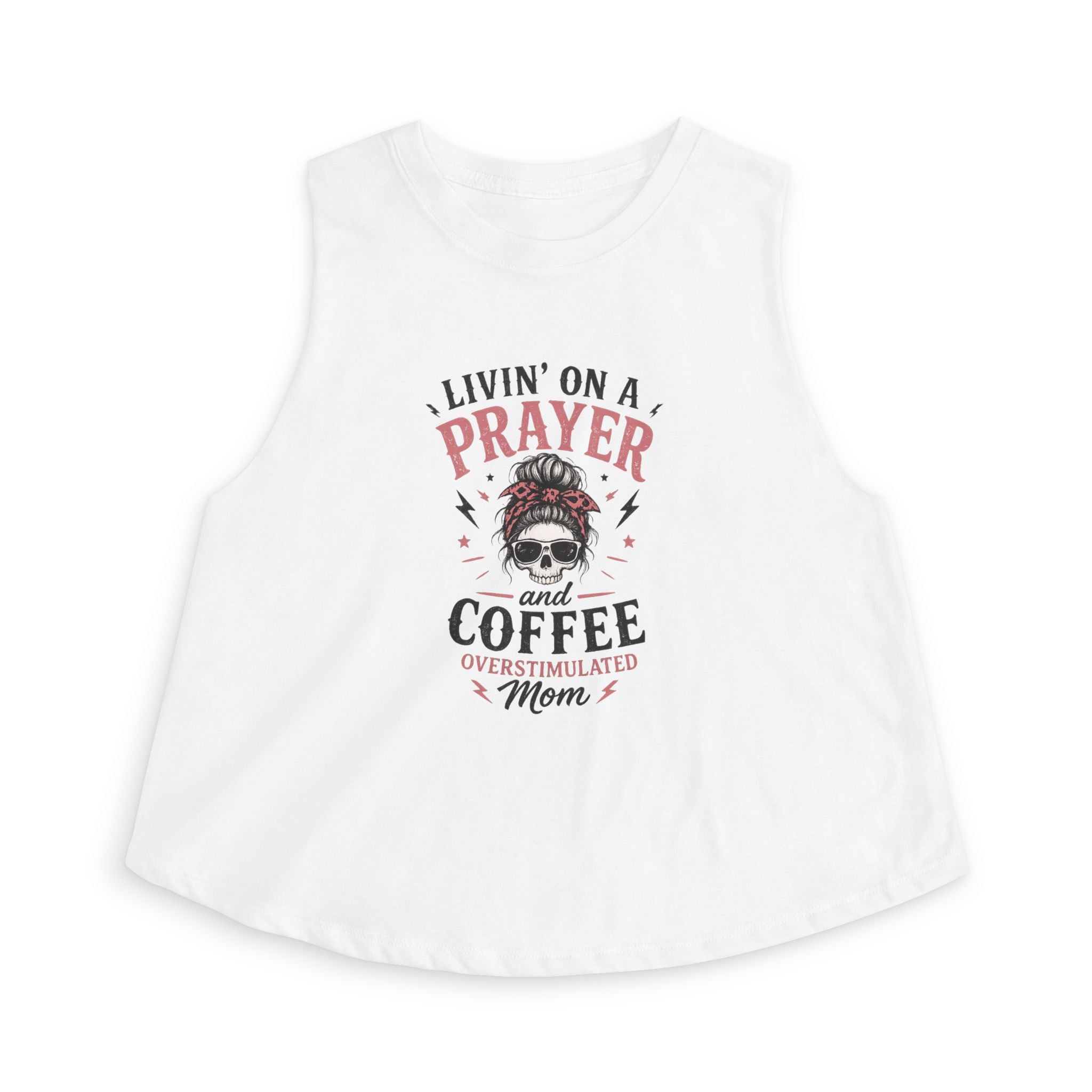 Crop Top — "Livin' on a Prayer and Coffee" Oversimulated Mom Graphic