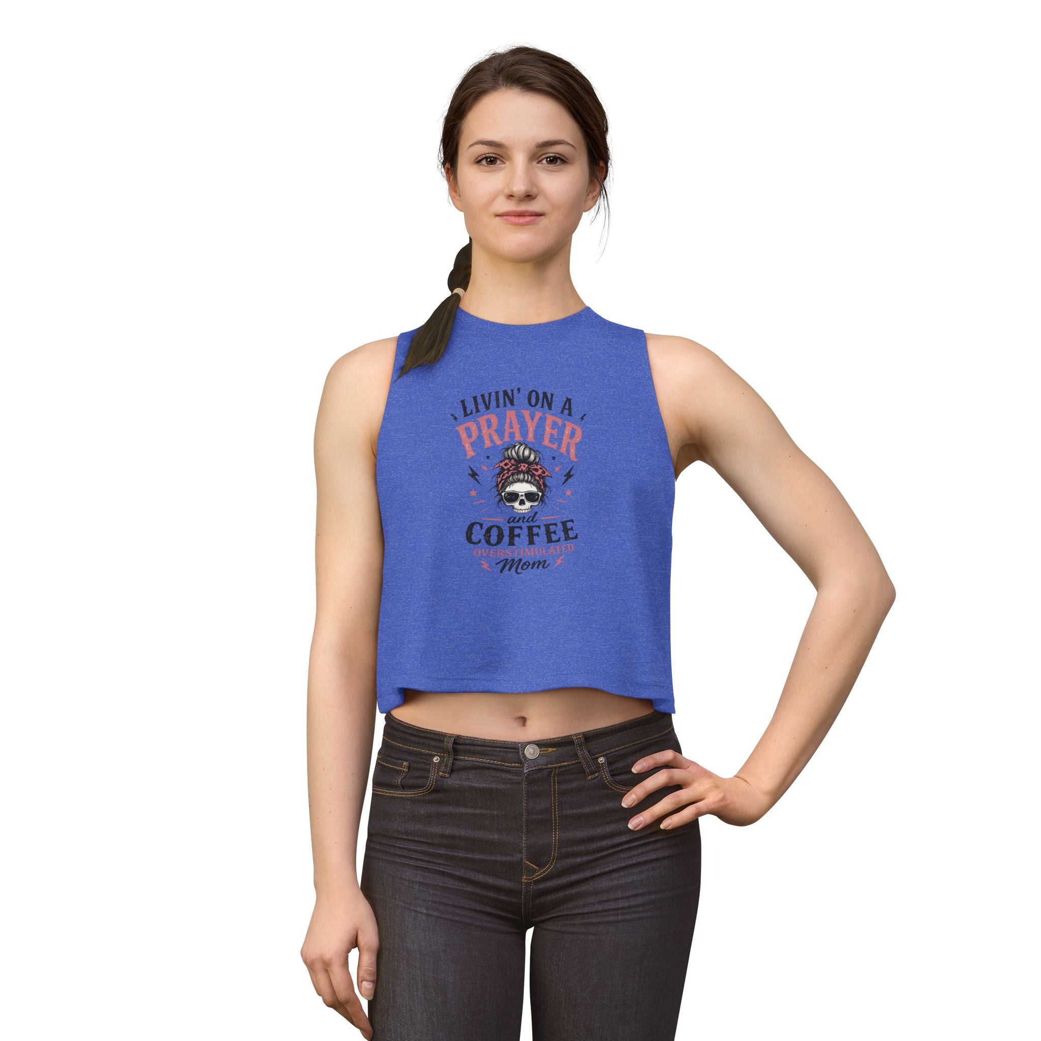Crop Top — "Livin' on a Prayer and Coffee" Oversimulated Mom Graphic