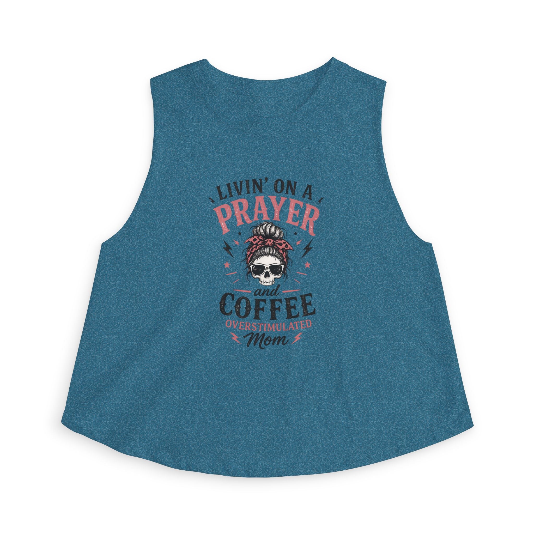 Crop Top — "Livin' on a Prayer and Coffee" Oversimulated Mom Graphic